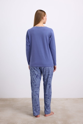 Man11566-1085 Anil Ev Giyim Anıl Kadın Uzun Kollu T-shirt Ve Desenli Pantolon Pijama Takımı 11566 Mavi