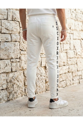 Plus Scorpion Erkek Slim Fit Eşofman Altı Yazılı Şerit Detaylı, Dar Paça Jogger Pantolon Beyaz