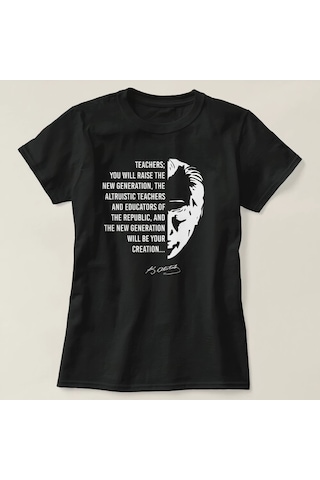 24 Kasım Öğretmenler Günü Temalı Baskılı Bisiklet Yaka T-shirt - Siyah Çok Renkli