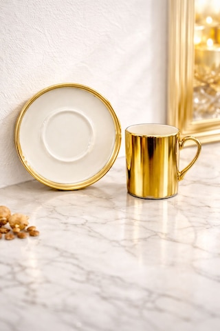 2 Kişilik Porselen Gold Platin Kaplama Kahve Fincan Takımı Seti 100ml Altın
