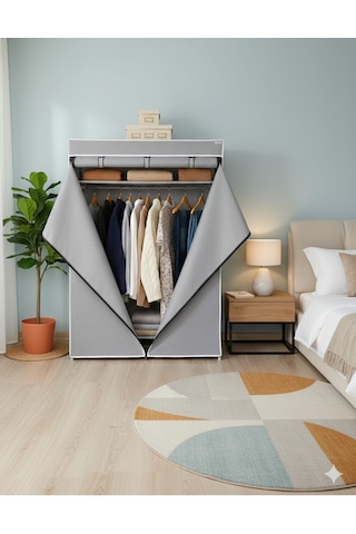 Missidea Basic Portatif Bez Dolap Metal İskeletli Kumaş Gardırop Gri Gri