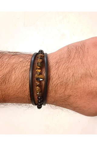 Kaplan Gözü,oniks Ve Hakiki Deri İle Türk El Yapımı Erkek Bilekli