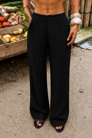 Tarz Cool Kadın Wide Leg Pantolon Ön Cep Detaylı Rahat Kalıp Günlük Pantolon Siyah