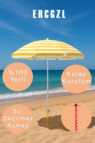 Plaj Şemsiyesi Ve Şemsiye Sabitleme Kazığı Seti Uv Koruma, Su Geçirmez, 8 Telli Sarı