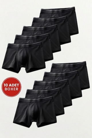 Ecnt Erkek Likralı Pamuklu Boxer Özel Hijyenik Ambalajlı 10'lu Paket Siyah Siyah