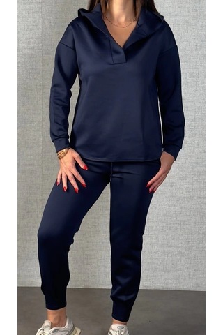 Defymoda Kadın Uzun Kollu Kapüşonlu Ikili Takım Mavi