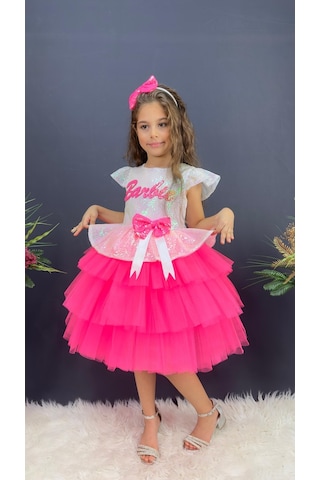 Barbie Beyaz Taçlı Kız Çocuk Doğum Günü Parti Elbisesi Abiye - Beyaz