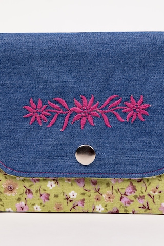 Fabric Craft Bag Kadın Cüzdanı Denim Kumaş Çiçek Nakışlı Çift Bölmeli 13x11 Cm Mavi - Yeşil