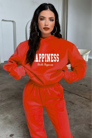 Happiness Eşofman Takımı Sweatshirt Jogger - Kırmızı Baskılı Oversize Şardonlu Kapüşonlu Bordo-244268