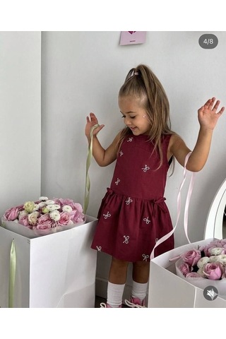 Noble Kids Kız Çocuk Kurdele Nakışlı Pamuklu Elbise Bordo