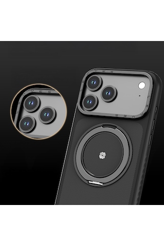 Apple Uyumlu iPhone 17 Air  Kılıf M-safe Şarj Özellikli Metal Standlı Lenyes Ck225 Kevlar Kapak Siyah Siyah