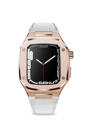 Ekılıf - Apple Uyumlu  Watch 44mm - Kordon Kayış Krd-67 - Beyaz-rose Gold