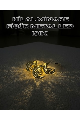 Gold Renk Metal Minareli Hilal Led Işık Pilli Ramazan Süsü