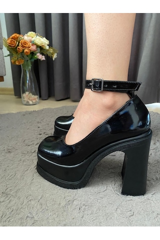 Preshley Kadın Elanor Siyah Rugan Bilekten Bağlamal 12 Cm Platform Topuklu Ayakkabı-siyah Rugan Siyah