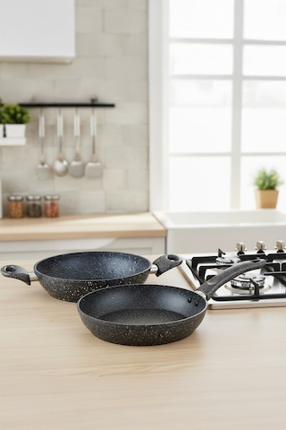 2 Parça 22 Cm Bio Granit Sahan Ve Tava Seti Yanmaz Yapışmaz, Sağlıklı Ve Dayanıklı Kullanım Gri