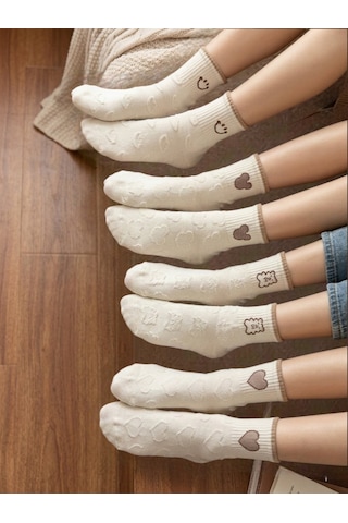 Heren Socks Heren Figürlü Ve Kabartma Desenli 4'lü Ekru Kadın Soket Çorap Kalp,ayıcık,gülenyüz Kolej Boy