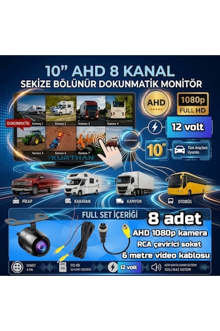 8 Ch 10 İnç Dokunmatik Monitör 8 Adet Ledsiz Ahd 1080p Kelebek Kamera 512 Gb Dvr Adas Bsd 12 Volt