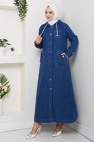 Hb Harma Time Butik Kadın Cepli Düğmeli Kapüşonlu Denim Koyu Mavi Trençkot