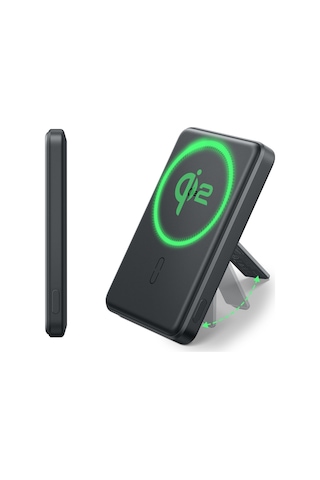 5000 Mah Taşınabilir Şarj Cihazı Halolock Qi2 Kickstand Magsafe Standlı Powerbank - Siyah Siyah
