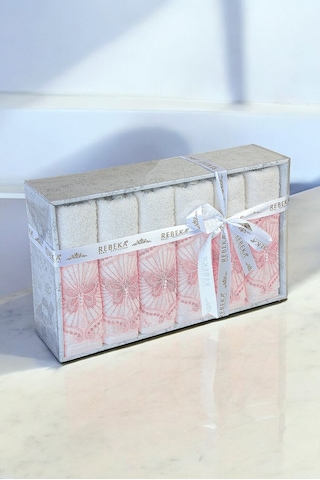 %100 Pamuklu, Hediyelik, Mevlüt Ve Çeyizlik Lüks Kutulu Pembe Güpürlü 6'lı Havlu Seti Pembe