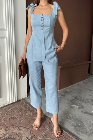 Modasize Şantuk Keten Yelek Görünümlüaskılı Bluz - Pantolon Tk - Mavi Mavi