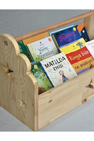 Doruk Ahşap Atölyesi Masif Ahşap Montessori Bulut Figürlü Büyük Boy Çocuk Odası Kitaplığı & Oyuncak Sandığı