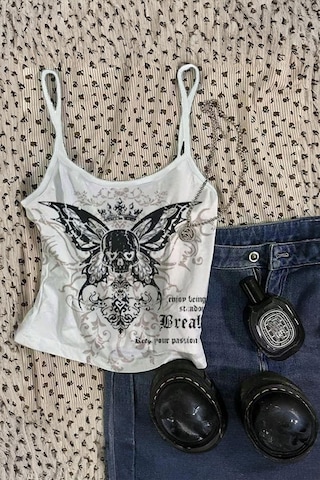 Beyaz Gotik Skull Butterfly Harajuku Y2k Askılı Crop-18709 Beyaz