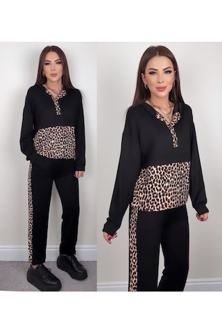 Modaserdem Kadın Uzun Kollu Leopar Detay Sweat Ve Yanı Leopar Şerit Detay Pantolon Ikili Takım Siyah