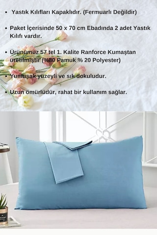 Mavi Renkli Pamuklu Ranforce Kumaştan Yastık Kılıfı 2 Adet