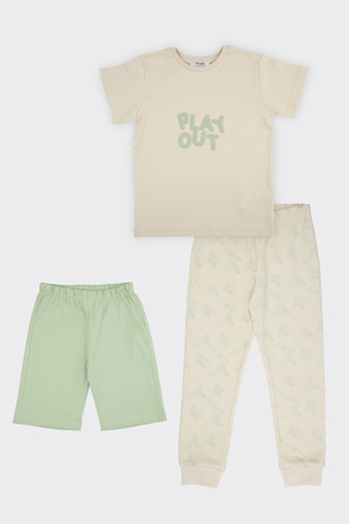 Panço Erkek Çocuk Karanlıkta Parlayan Baskılı 3'lü Bej Pijama Takımı Krem