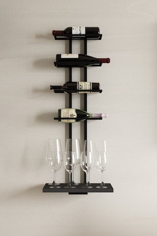 Aju Şaraplık Ve Kadeh Rafı Duvara Monte Şarap Mahzeni Modern Duvar Alkol Rafı Metal Ve Ahşap Tasarım Siyah