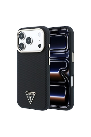 Apple iPhone Uyumlu 18 Pro Kılıf Guess Lisanslı M-safeli Pu Metal Üçgen Logolu Karbon Fiber Kevlar Kapak Siyah