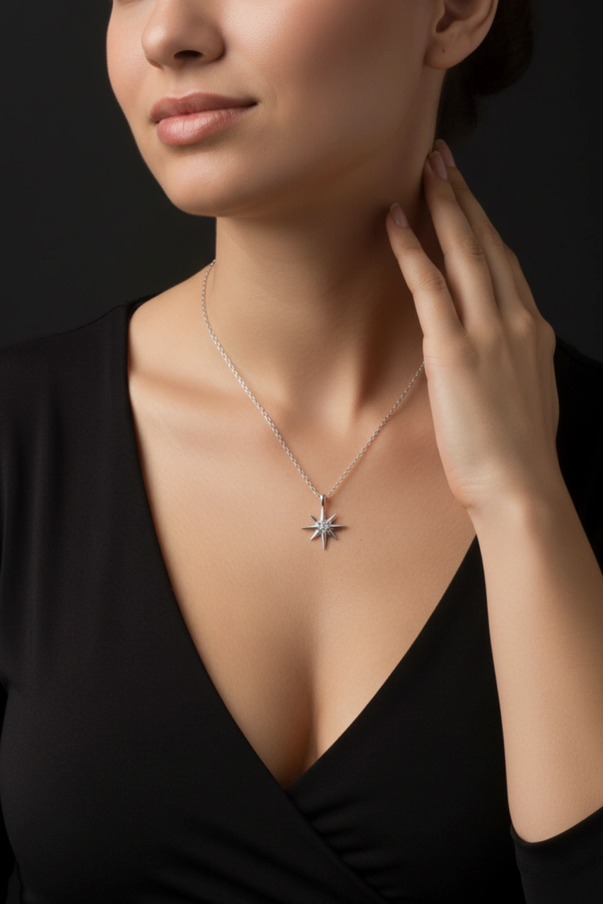 Kutup Yıldızı Tasarım Minimal 925 Ayar Gümüş Kadın Kolye Gümüş