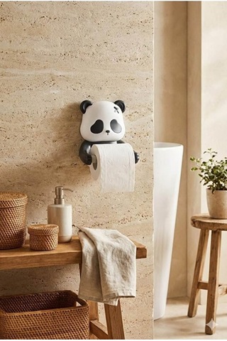 Safestore Panda Figürlü Tuvalet Kağıdı Askısı, Yapışkanlı Montaj, Plastik, Siyah, Mat, Modern, Delmesiz Banyo Çok Renkli