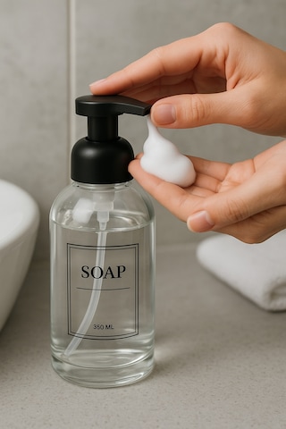 Köpük Pompalı Cam Sabunluk Köpük Çıkartan Şeffaf Cam Sıvı Sabunluk-350 Ml Şeffaf