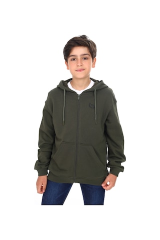 Toontoy Kids Toontoy Erkek Çocuk Kapüşonlu Fermuarlı Cepli Düşük Omuz Baskılı Örme Hırka - 3 İplik Şardonsuz Haki