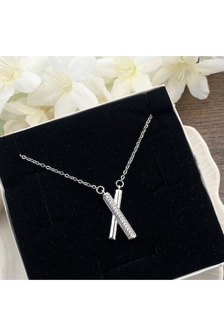 X Kolye Kadın Kolye Full Zirkon Taşlı Kolye 45cm Silver