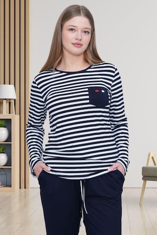 Mecit Pijama Mecit 6201 Lacivert Çizgili Büyük Beden Kadın Pijama Takımı Lacivert