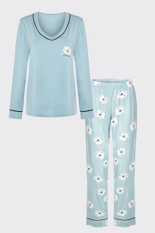 Kadın V Yaka Çiçek Desenli Ara Biyeli Uzun Kollu Pamuklu Pijama Takımı Ko70141 Mavi - Beyaz