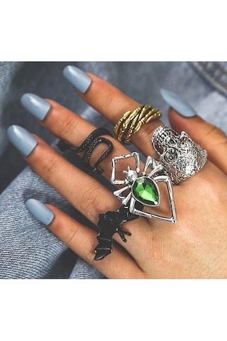 Girift Vintage Spider 5 Adet Yarasa Kafatası Yılan Örümcek Figürlü Yüzük Seti Gri