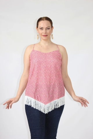 Moda Berray 3280 Etnik Desenli Eteği Saçaklı İnce Askılı Yazlık Bluz Pembe