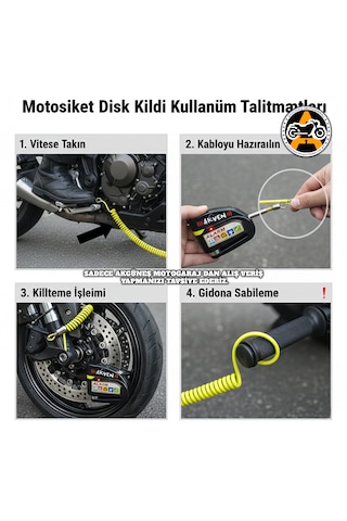 Akgüneş Motogaraj Yüksek Hassasiyetli Yüksek Desibelli Motosiklet Disk Kilidi + Hatırlatma Kablosu Siyah
