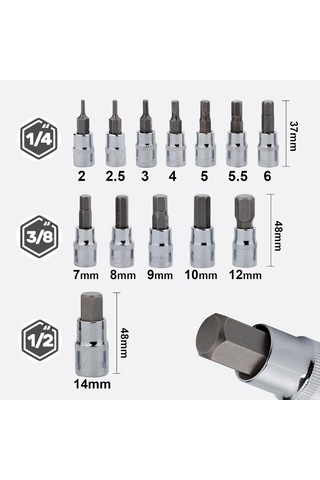 Alight Hex Bit Soket Seti Premium S2 Alaşım Çelik 13 Parça Metrik 2 Mm - 14 Mm Allen Soket Kiti