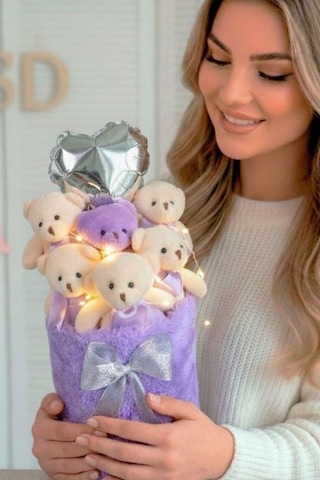 Deluxe Lila Peluş Silindir Kutuda, Led Işıklı Kalpli Balonlu 6 Lı Lila Ayıcık Buketi - Sevdiğine Hediye