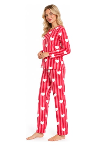 Sleeeproom Kadın Süet Mevsimlik Çizgili Kalp Desen Pijama Takımı Kırmızı Kalpli