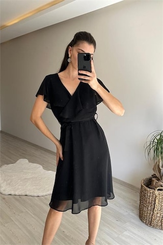 Neşeli Butik Kadın V Yaka Kuşaklı Mini Şifon Elbise Nm007 Siyah