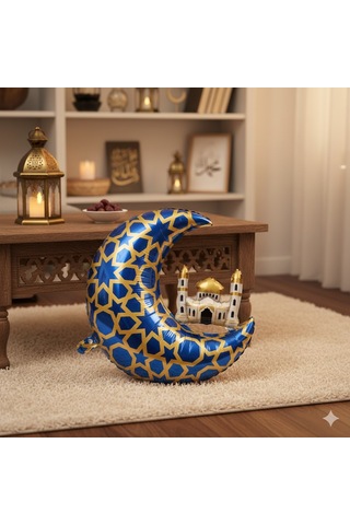 65 X 63 Cm Folyo Balon Mavi Gold Desenli Cami Figürlü Hilal - Ramazan Süs Balonu Çok Renkli