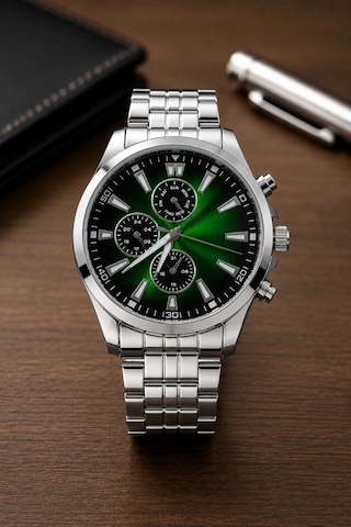 Erkek Gümüş Renk Metal Kordon Analog Kol Saati Takvim Göstergeli Yeşil Siyah Kadran - Gümüş Çok Renkli