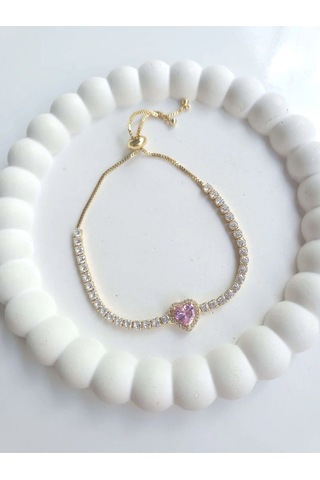 Çelik Gold Asansörlü Pembe Kalpli Bileklik Sevgiliye Hediye Altın