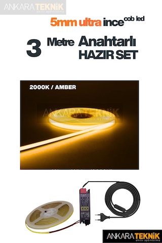 Ankara Teknik 5mm Ultra Ince Cob Şerit Led - Amber 12volt Tak Çalıştır Anahtarlı Set Metre Seçiniz 3 Metre